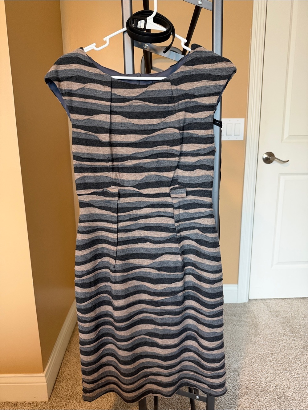 connected apparel Gray and Cream Striped Cap-Sleeve Midi Dress